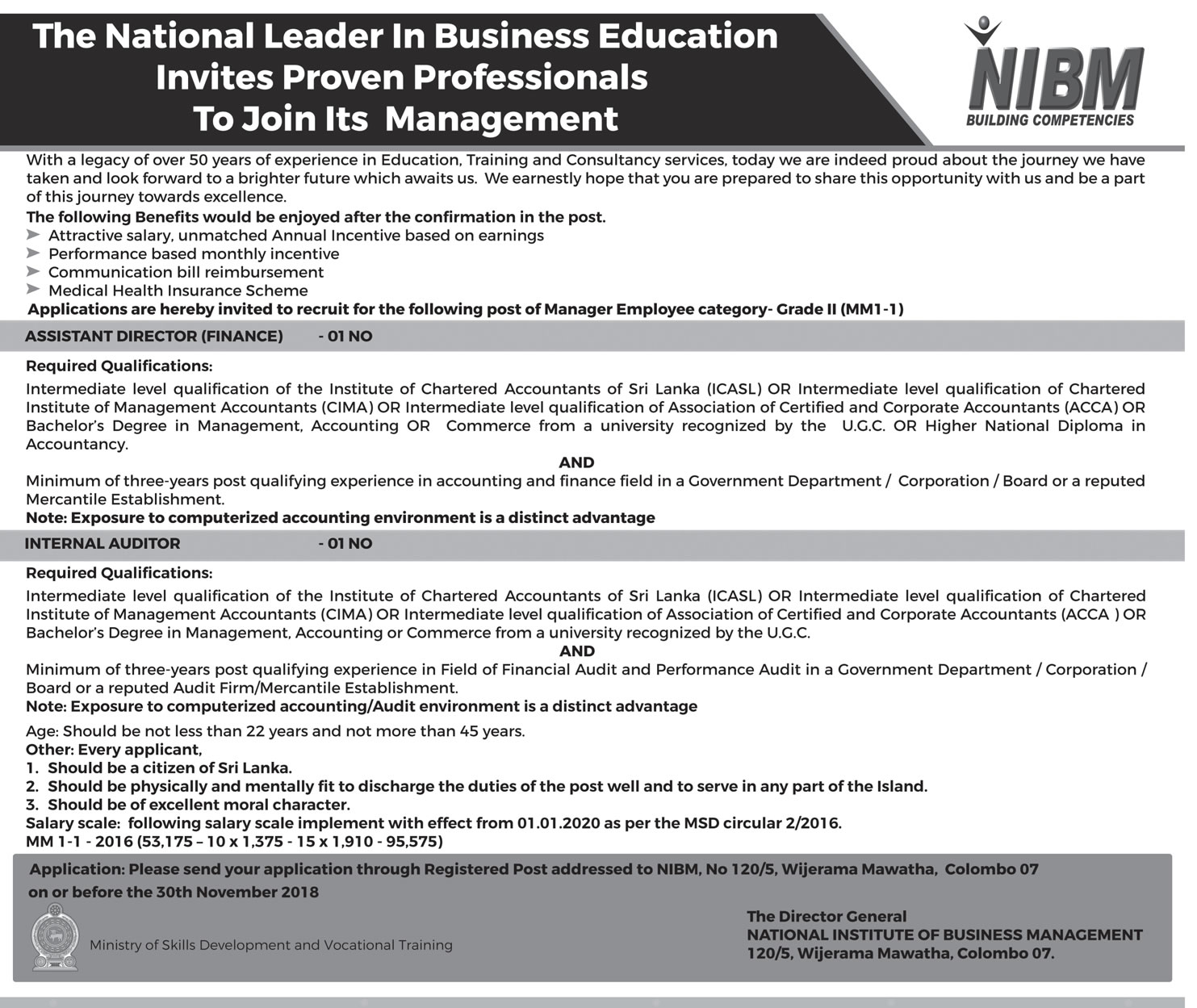 Assistant Director (Finance), Internal Auditor - National Institute of Business Management (NIBM)